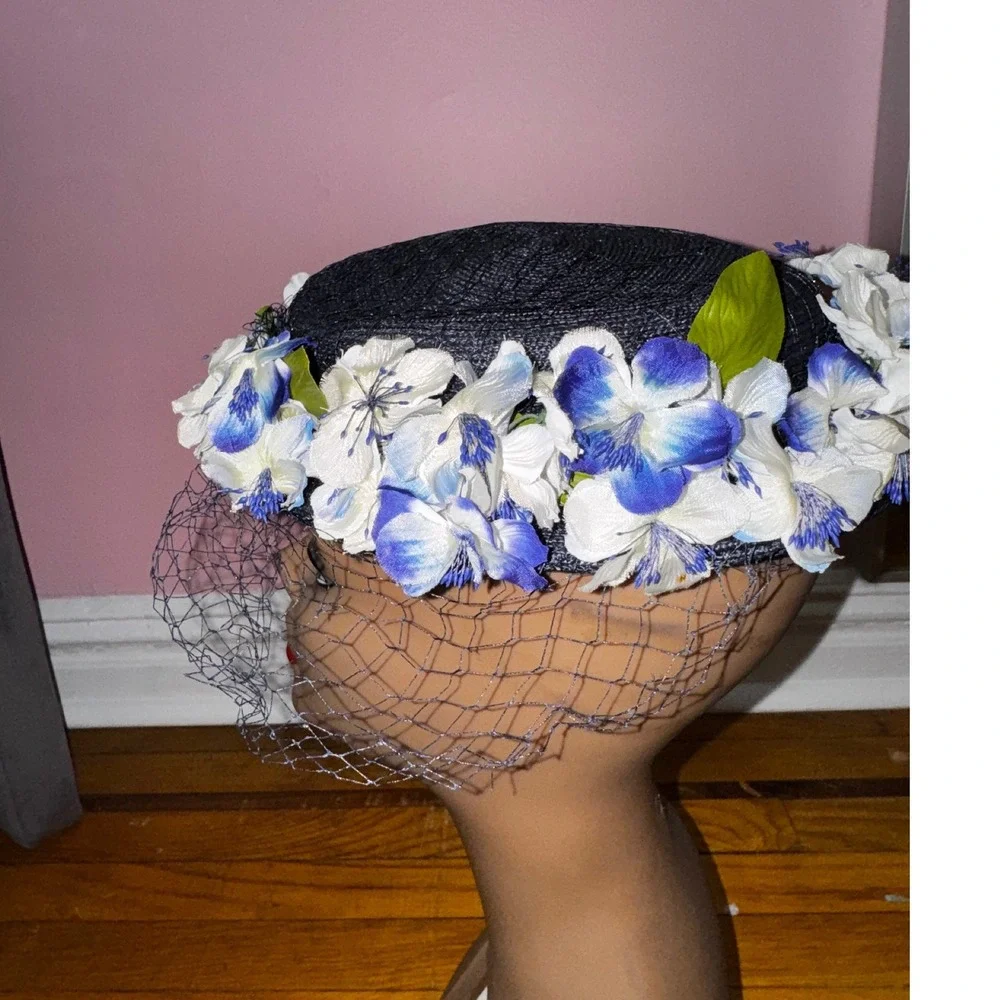 Vintage Luci Puci Bloomingdales Navy Straw Floral Pillbox Hat Birdcage‎ Veil 22